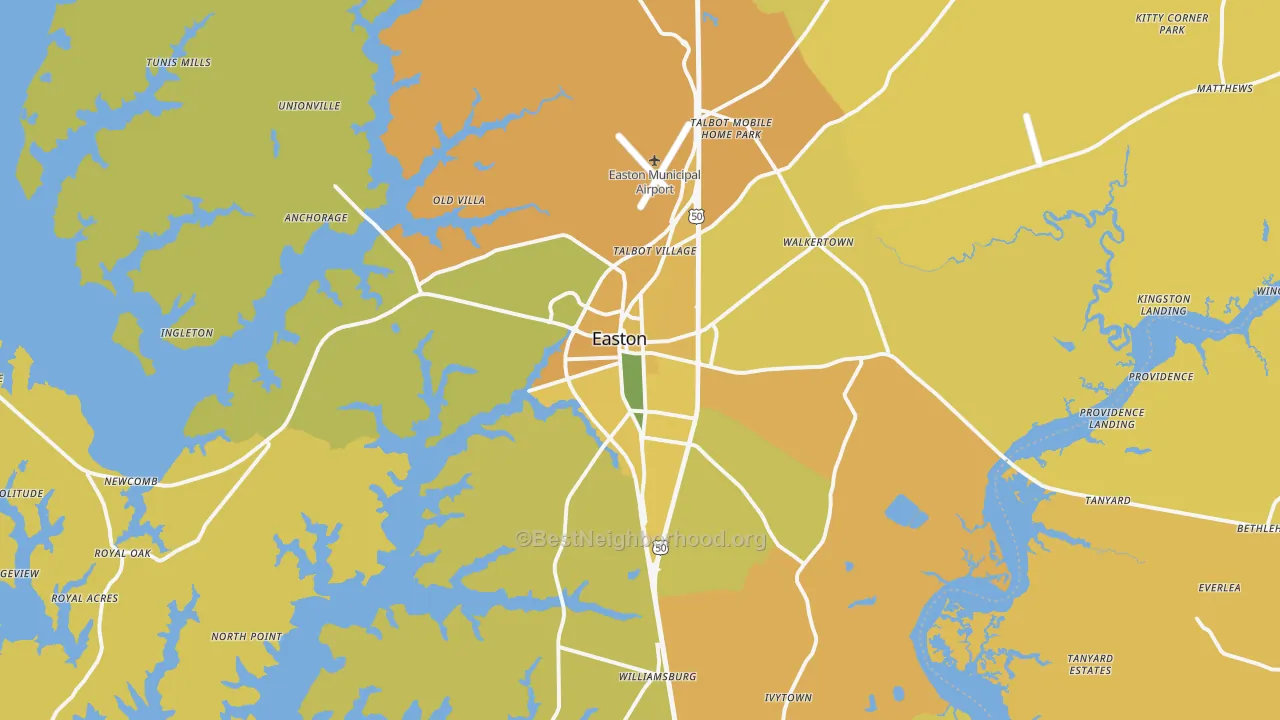 Map of the best neighborhoods in the 21601 area, with better matches in green and worse matches in red