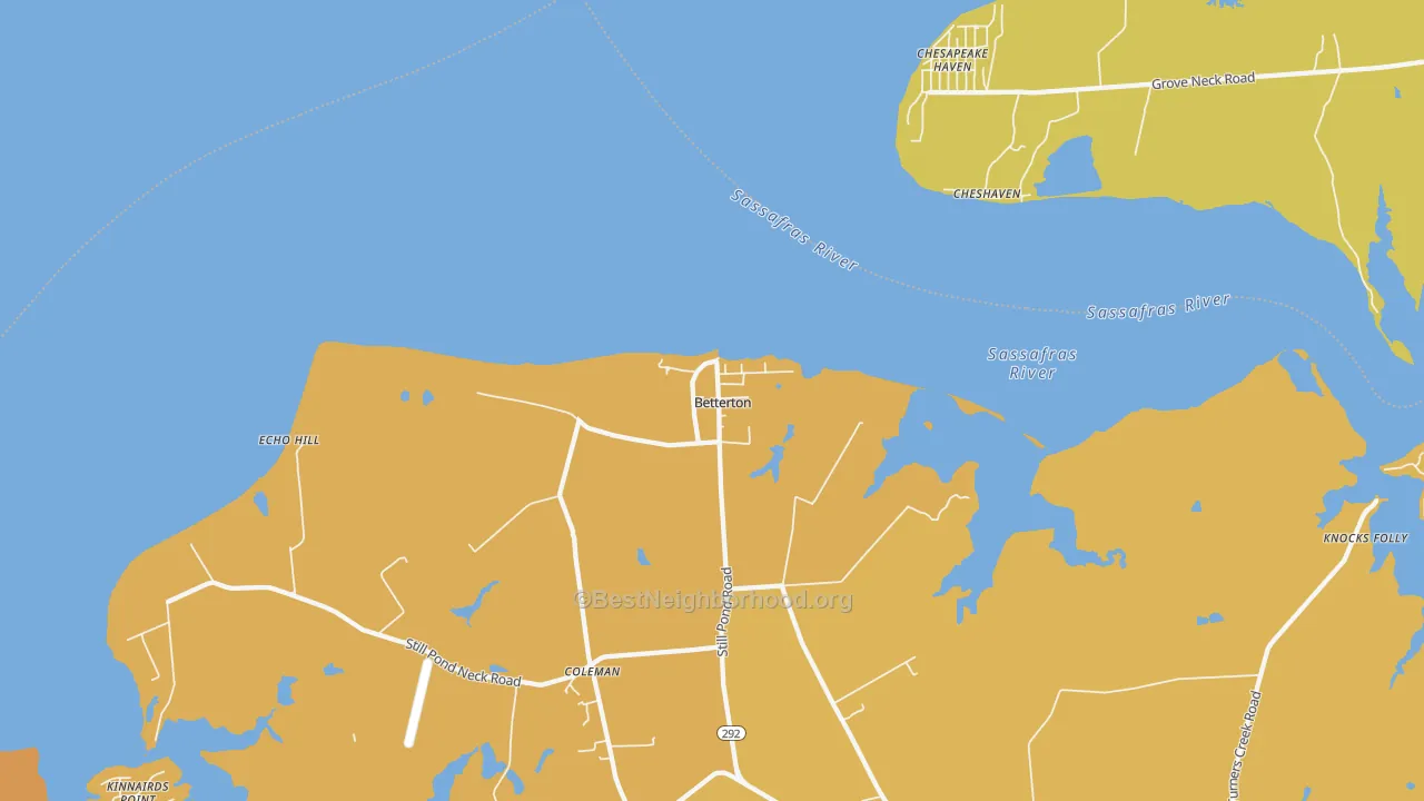 Map of the best neighborhoods in the 21610 area, with better matches in green and worse matches in red