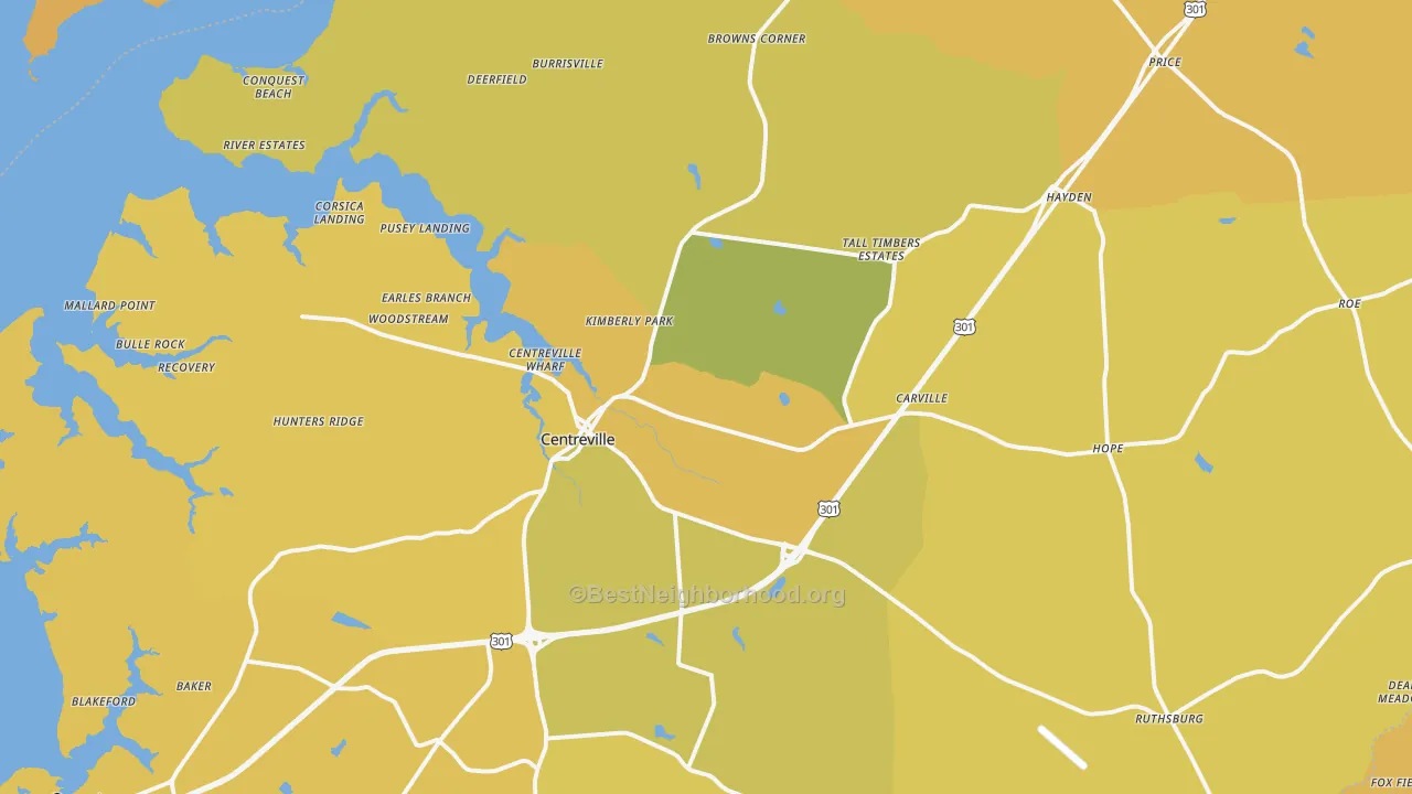 Map of the best neighborhoods in the 21617 area, with better matches in green and worse matches in red