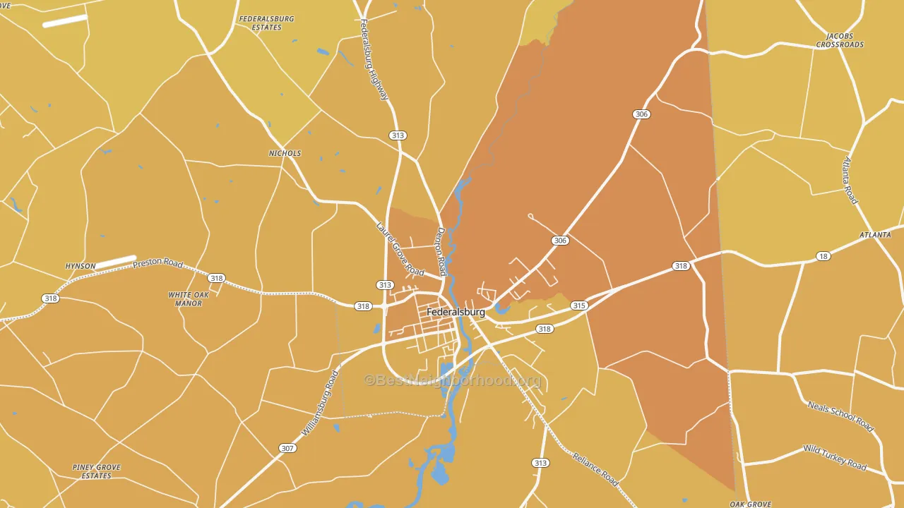Map of the best neighborhoods in the 21632 area, with better matches in green and worse matches in red
