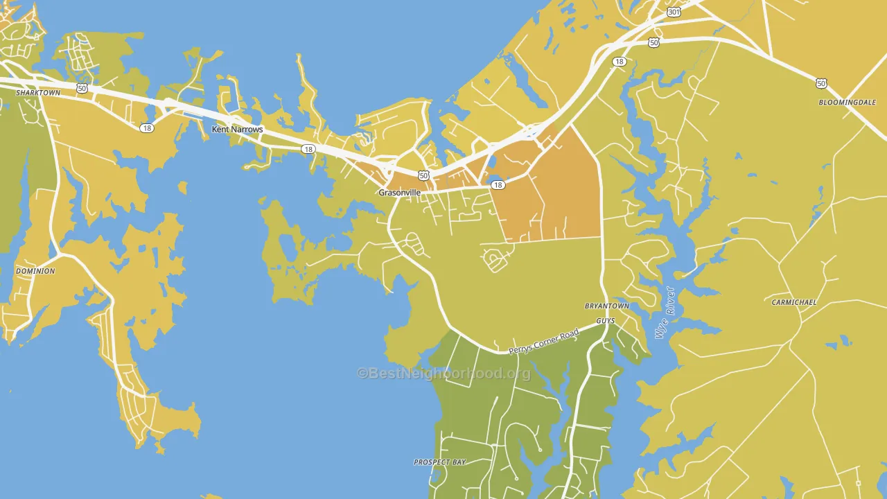 Map of the best neighborhoods in the 21638 area, with better matches in green and worse matches in red