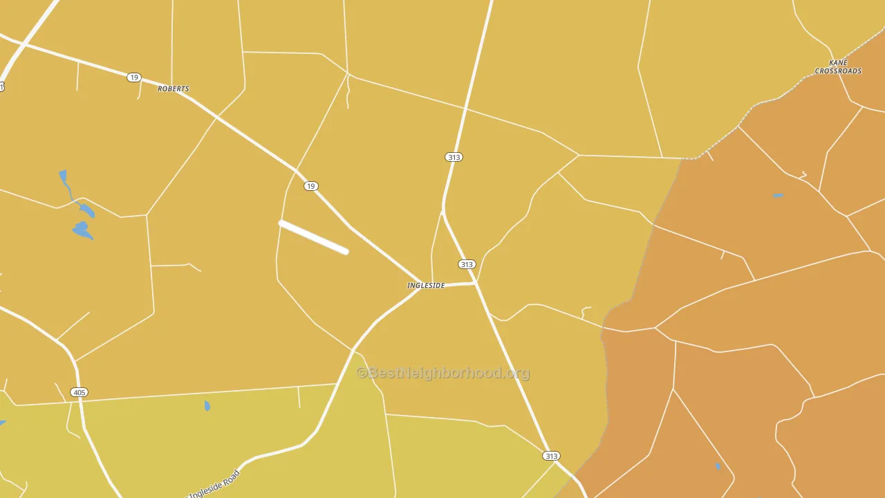 Map of the best neighborhoods in the 21644 area, with better matches in green and worse matches in red