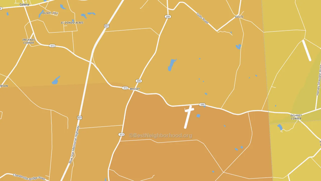 Map of the best neighborhoods in the 21650 area, with better matches in green and worse matches in red