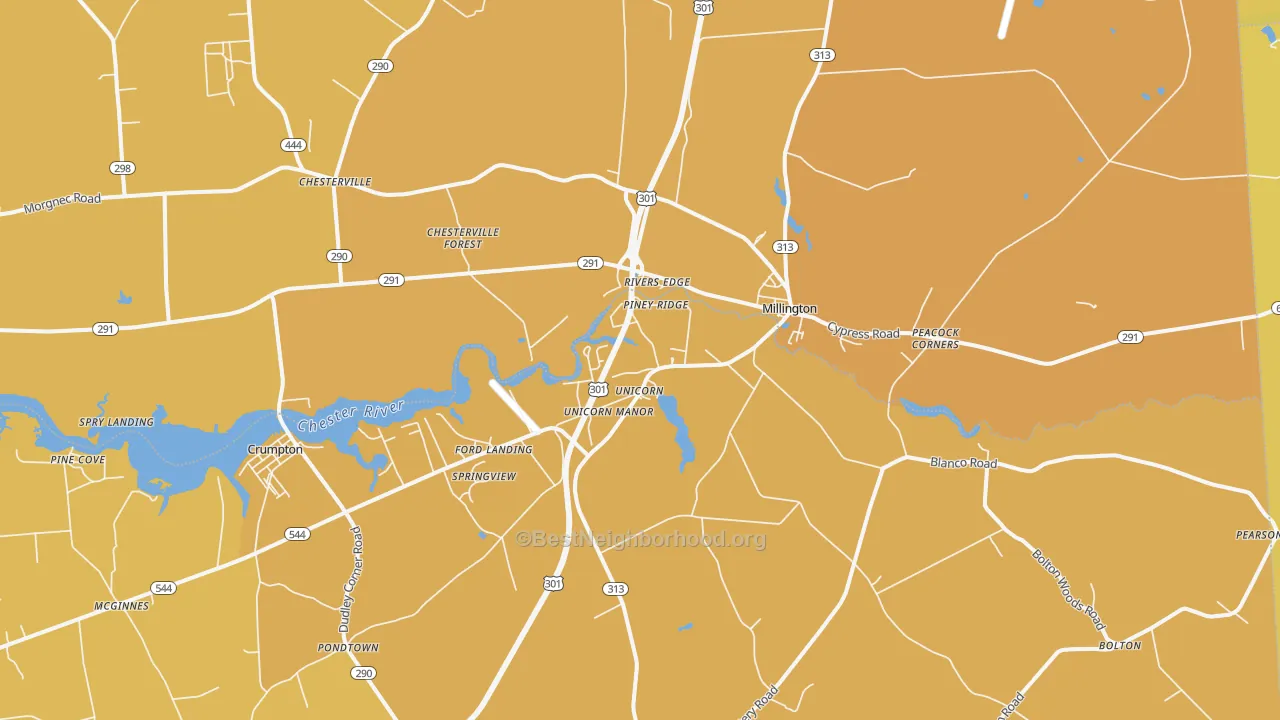 Map of the best neighborhoods in the 21651 area, with better matches in green and worse matches in red