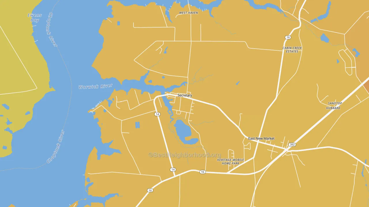 Map of the best neighborhoods in the 21664 area, with better matches in green and worse matches in red