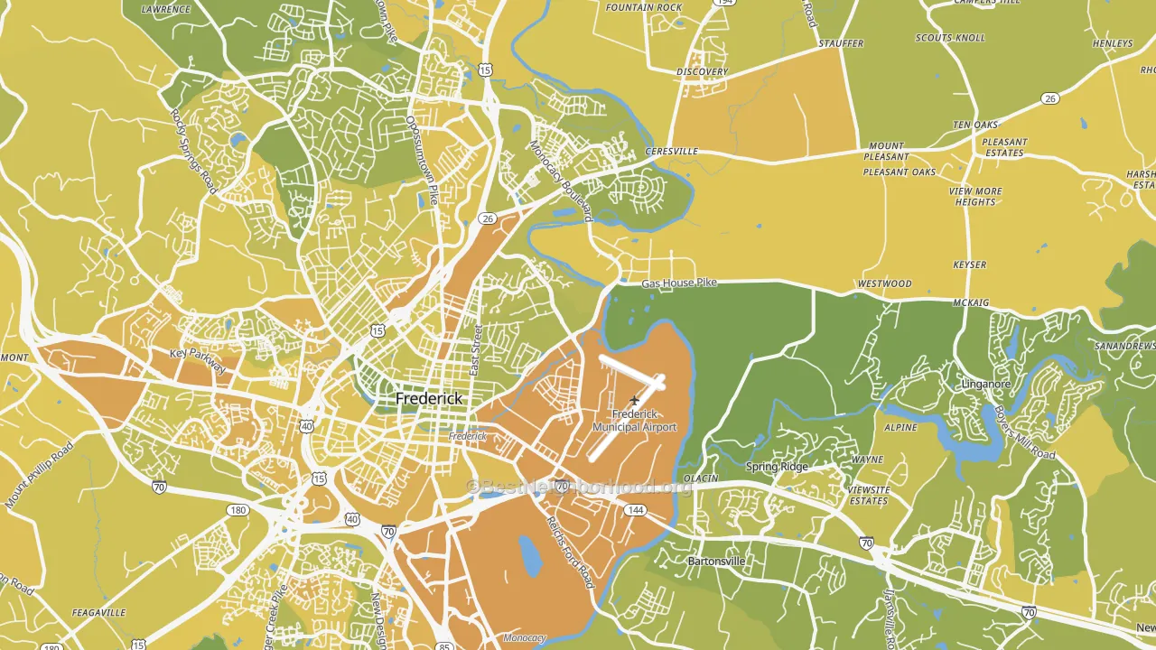 Map of the best neighborhoods in the 21701 area, with better matches in green and worse matches in red