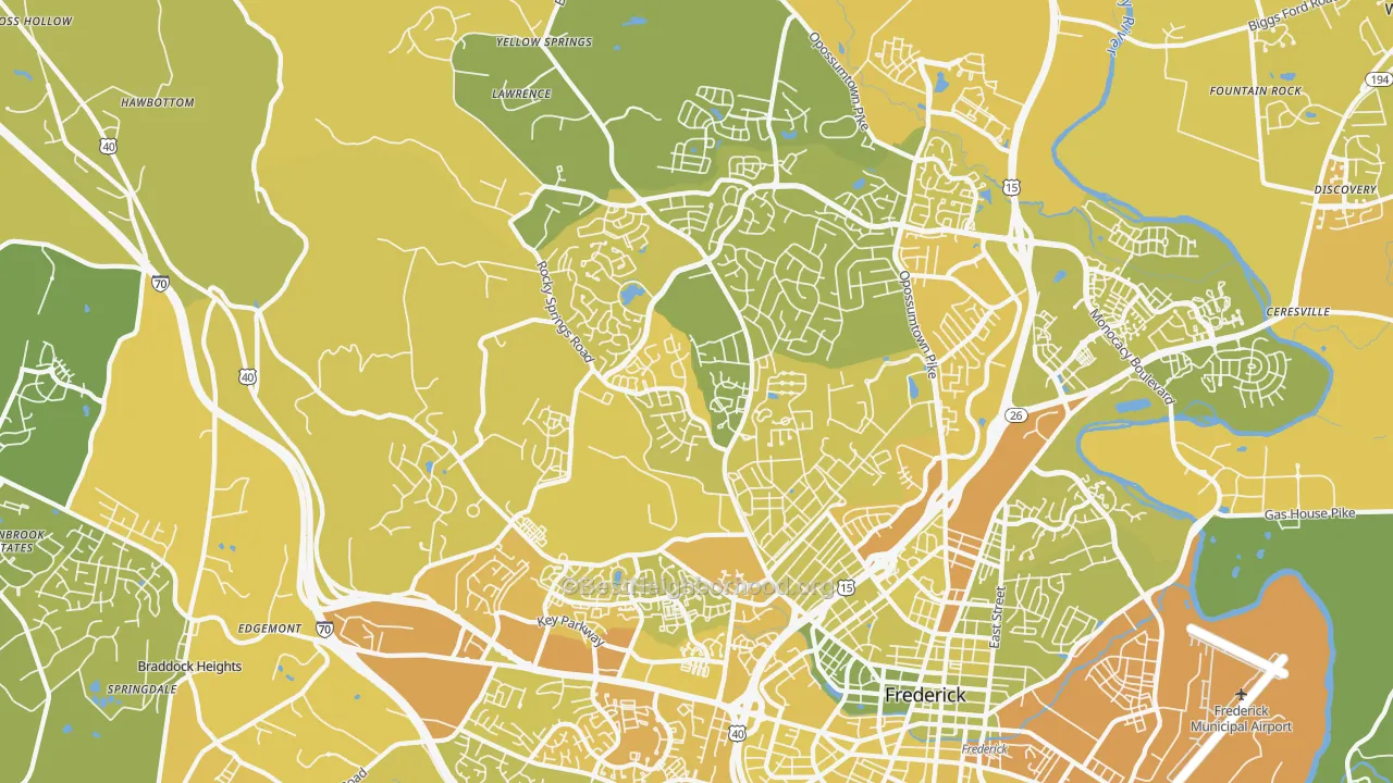 Map of the best neighborhoods in the 21702 area, with better matches in green and worse matches in red