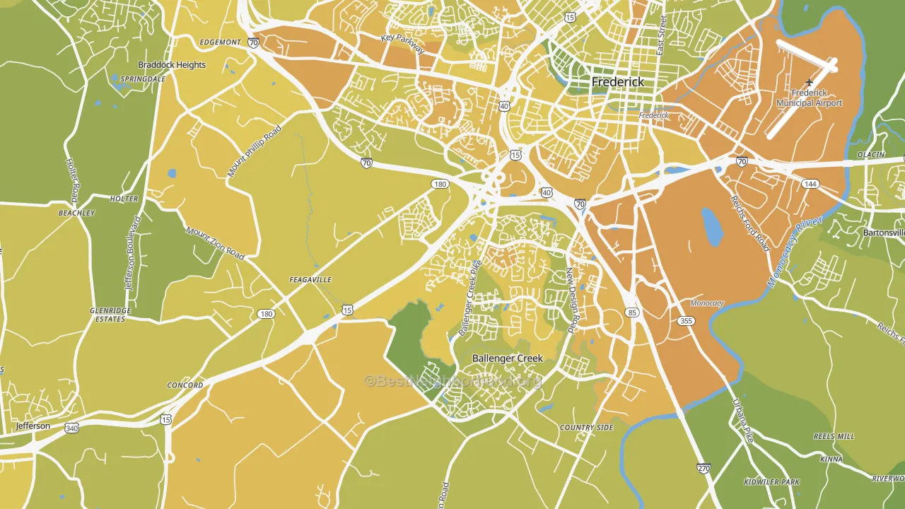 Map of the best neighborhoods in the 21703 area, with better matches in green and worse matches in red