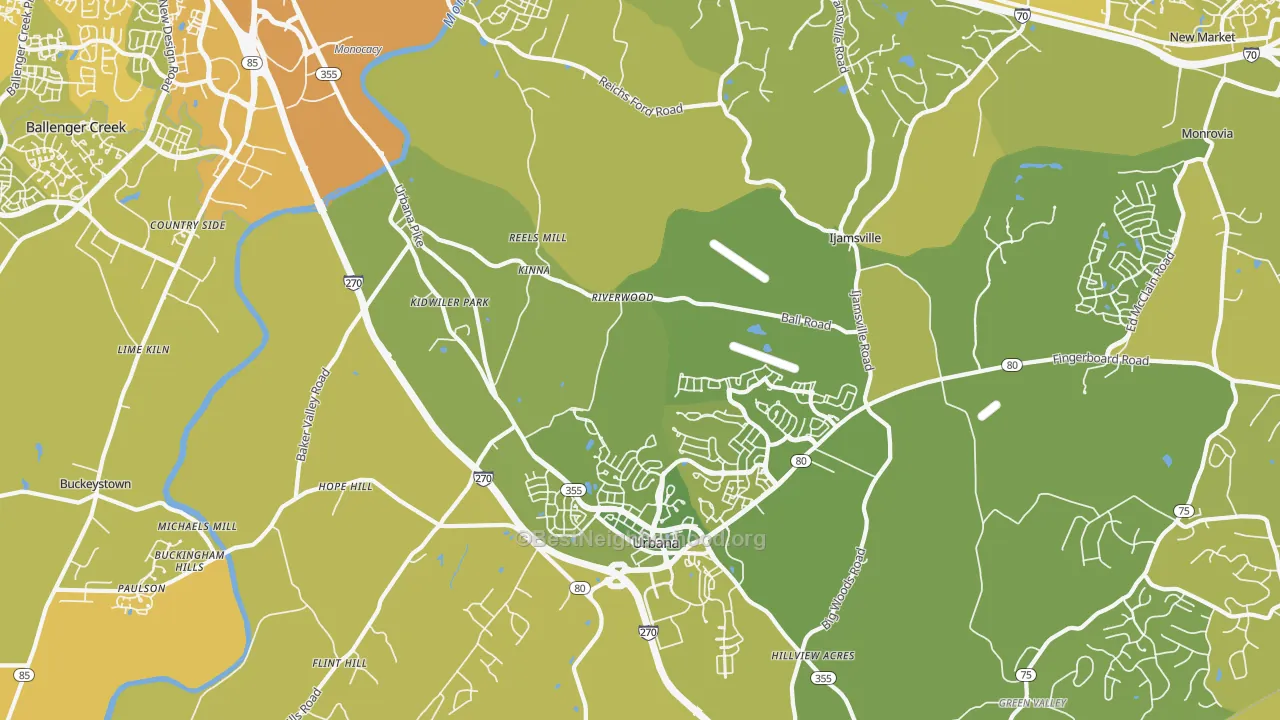 Map of the best neighborhoods in the 21704 area, with better matches in green and worse matches in red
