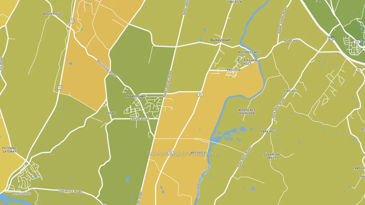Map of the best neighborhoods in the 21710 area, with better matches in green and worse matches in red