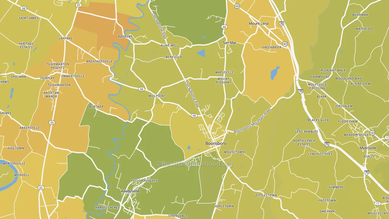 Map of the best neighborhoods in the 21713 area, with better matches in green and worse matches in red