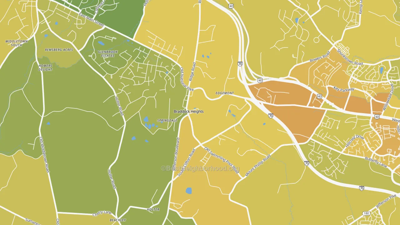 Map of the best neighborhoods in the 21714 area, with better matches in green and worse matches in red