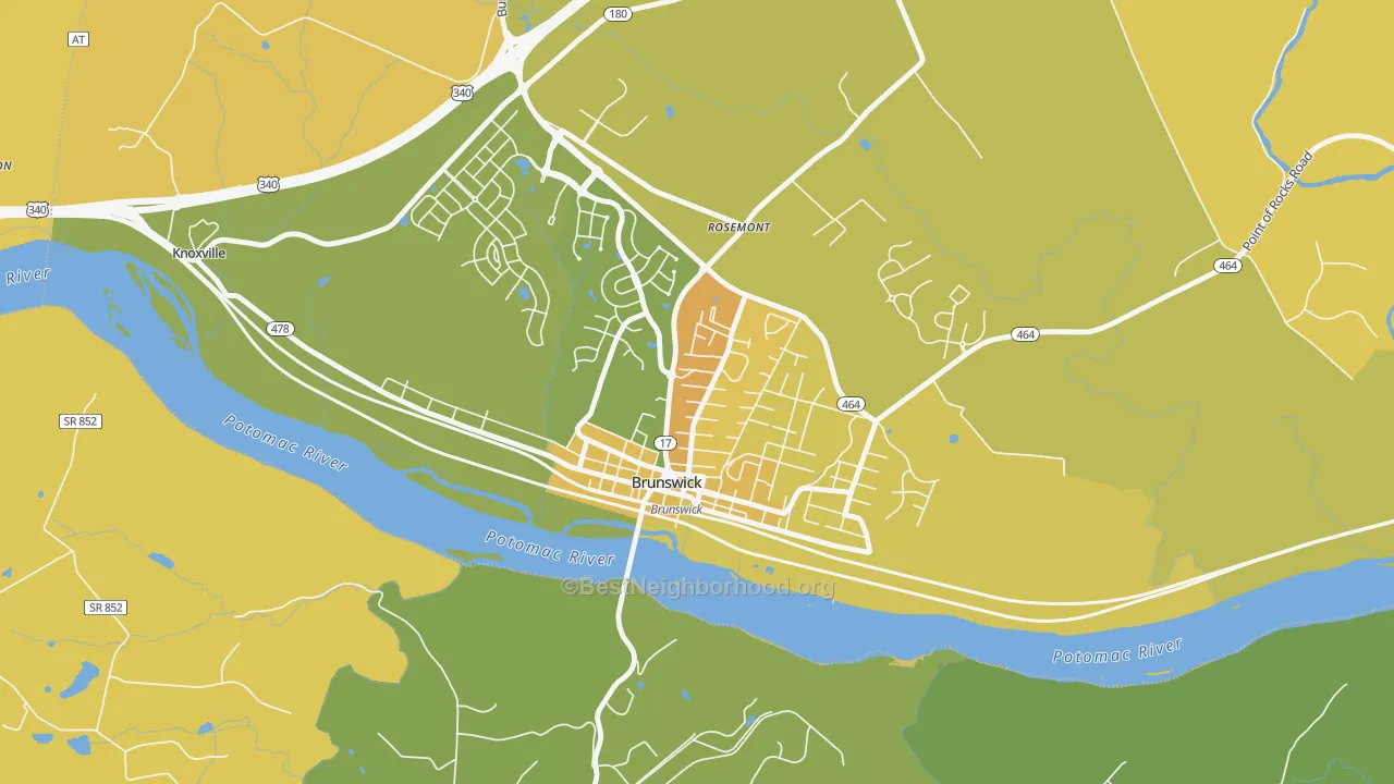 Map of the best neighborhoods in the 21716 area, with better matches in green and worse matches in red