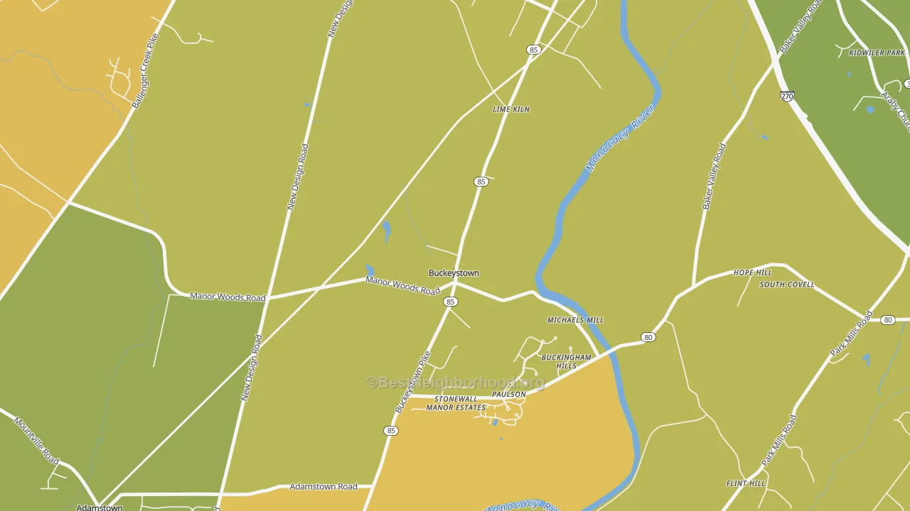 Map of the best neighborhoods in the 21717 area, with better matches in green and worse matches in red
