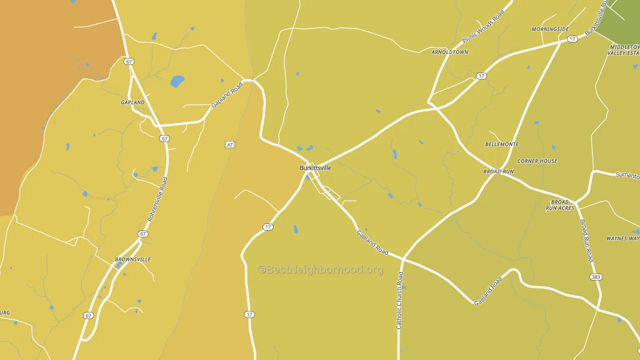 Map of the best neighborhoods in the 21718 area, with better matches in green and worse matches in red
