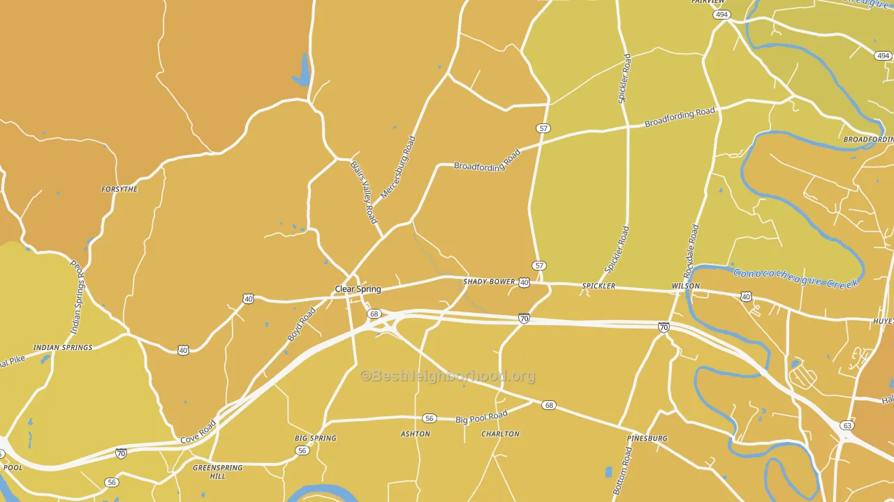 Map of the best neighborhoods in the 21722 area, with better matches in green and worse matches in red