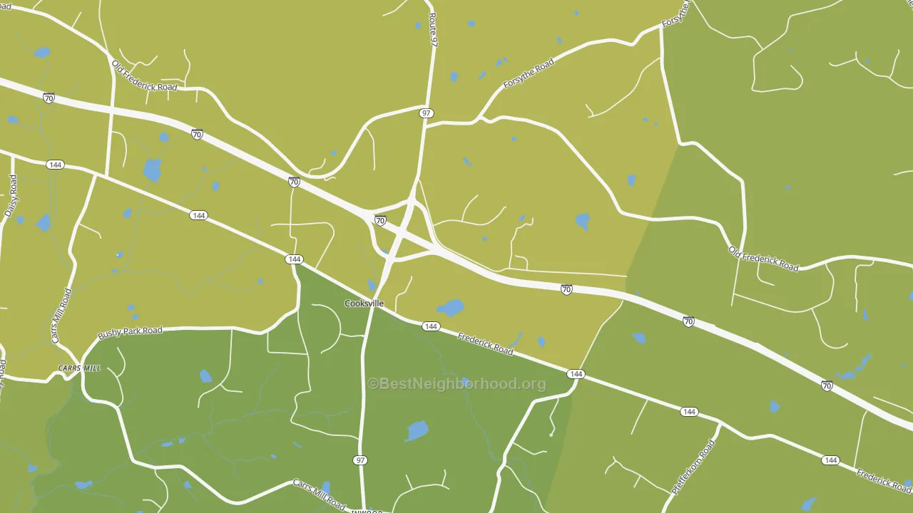 Map of the best neighborhoods in the 21723 area, with better matches in green and worse matches in red