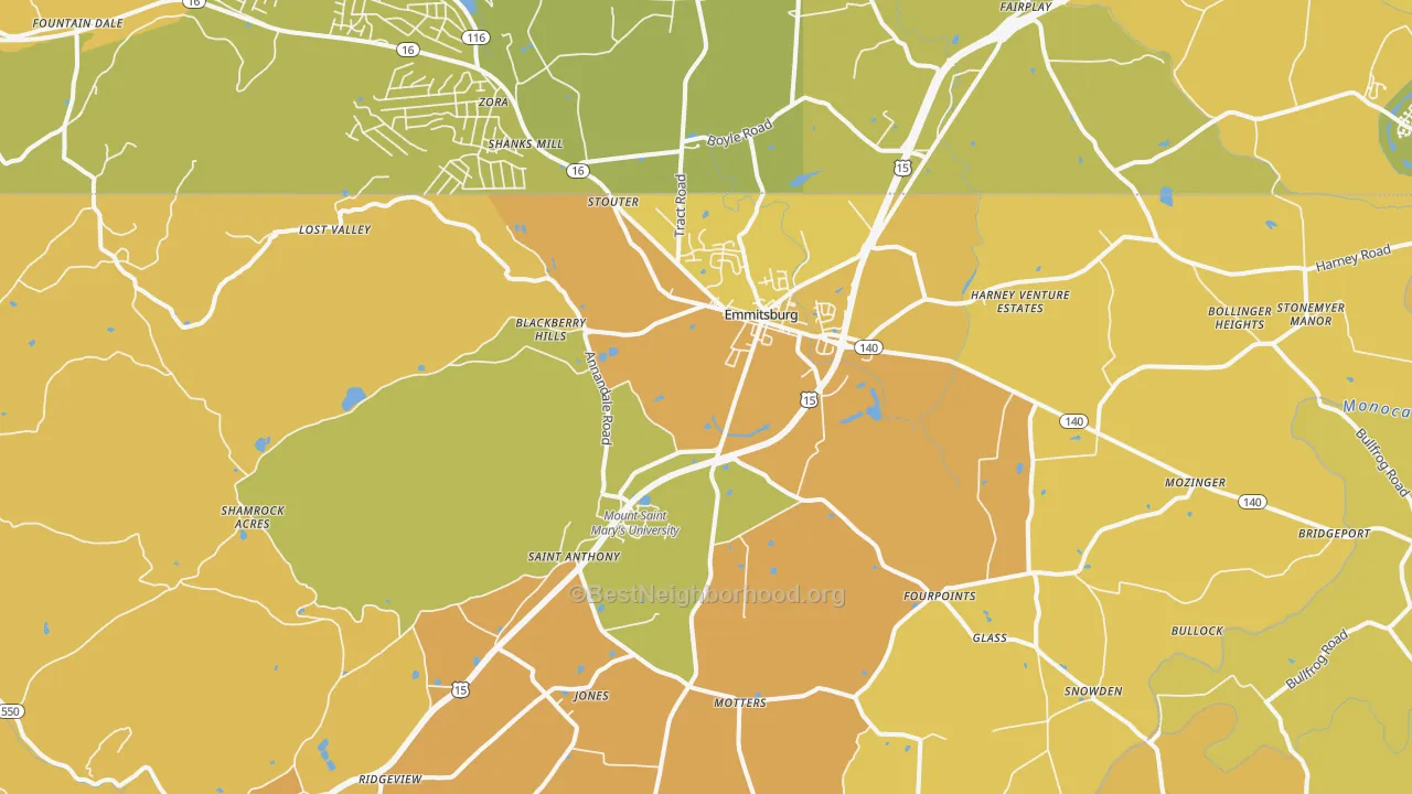 Map of the best neighborhoods in the 21727 area, with better matches in green and worse matches in red