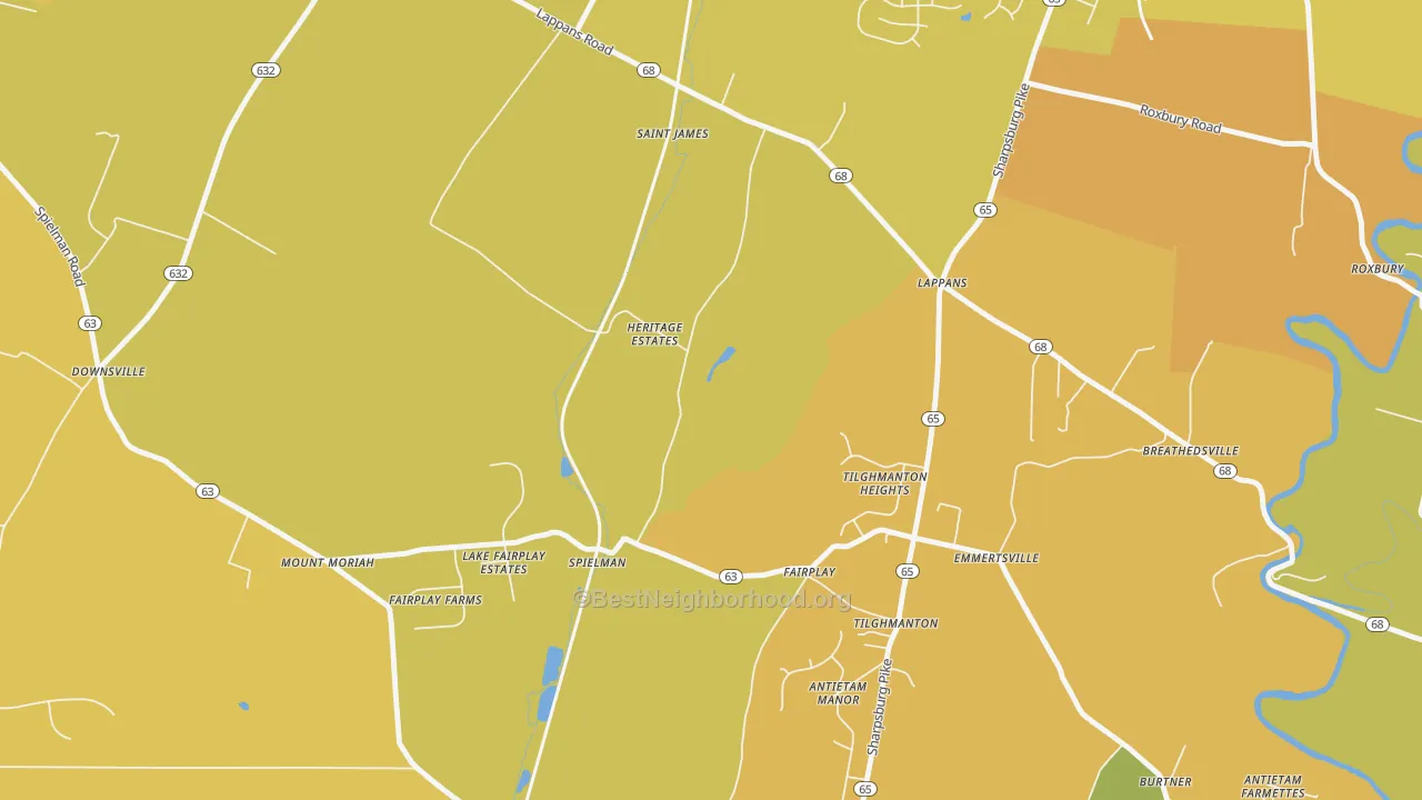 Map of the best neighborhoods in the 21733 area, with better matches in green and worse matches in red