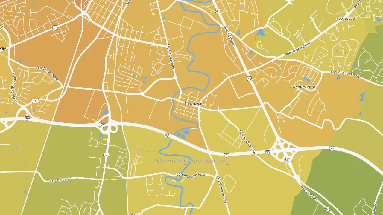 Map of the best neighborhoods in the 21734 area, with better matches in green and worse matches in red