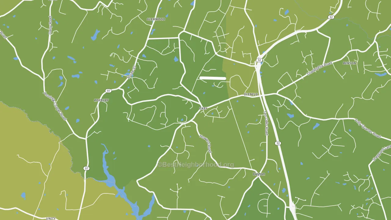 Map of the best neighborhoods in the 21737 area, with better matches in green and worse matches in red
