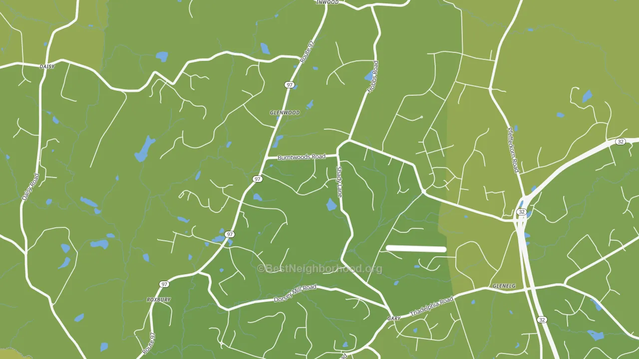 Map of the best neighborhoods in the 21738 area, with better matches in green and worse matches in red