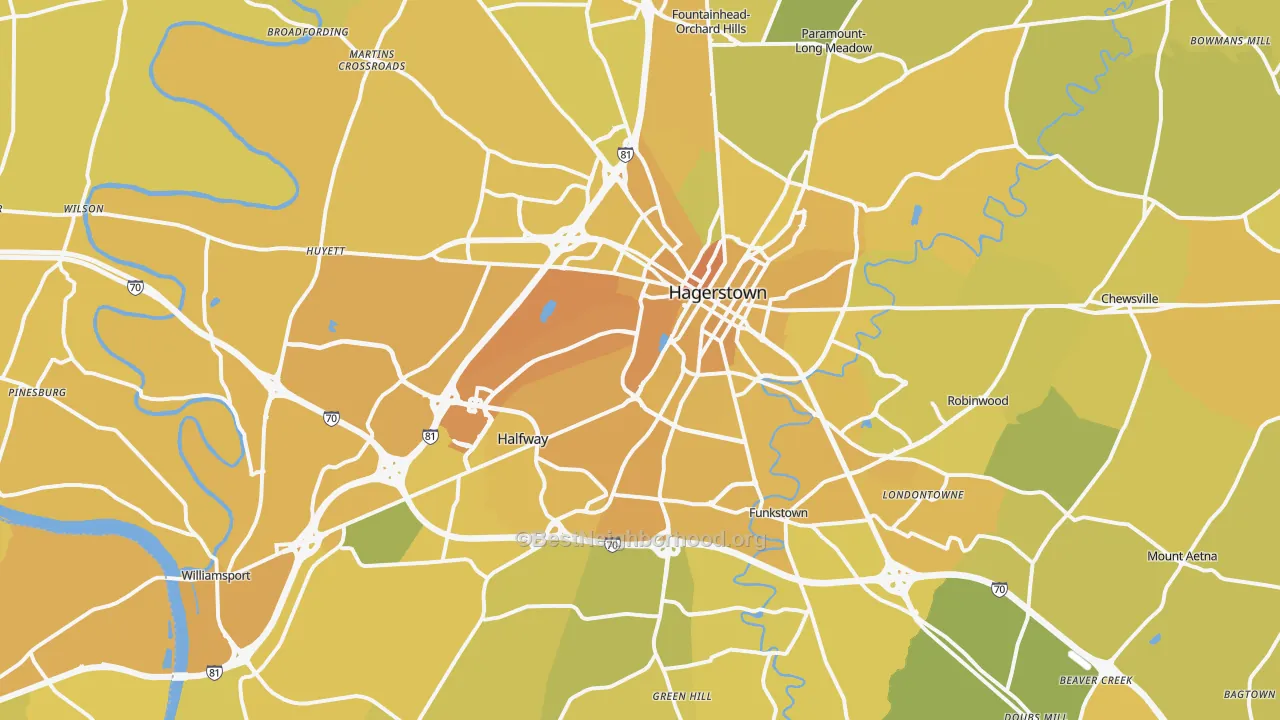 Map of the best neighborhoods in the 21740 area, with better matches in green and worse matches in red