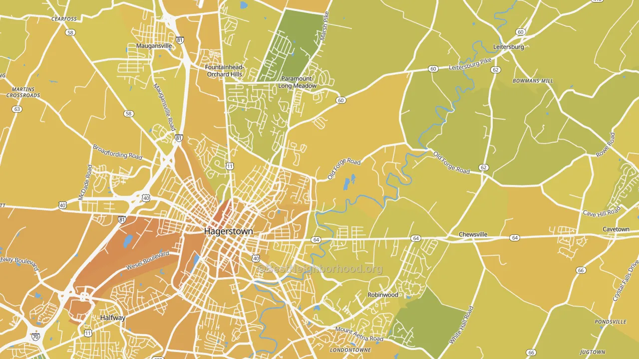 Map of the best neighborhoods in the 21742 area, with better matches in green and worse matches in red