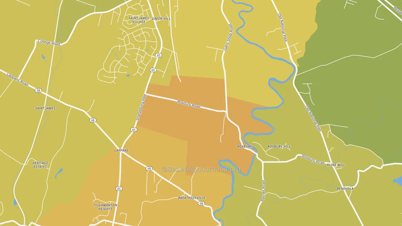 Map of the best neighborhoods in the 21746 area, with better matches in green and worse matches in red