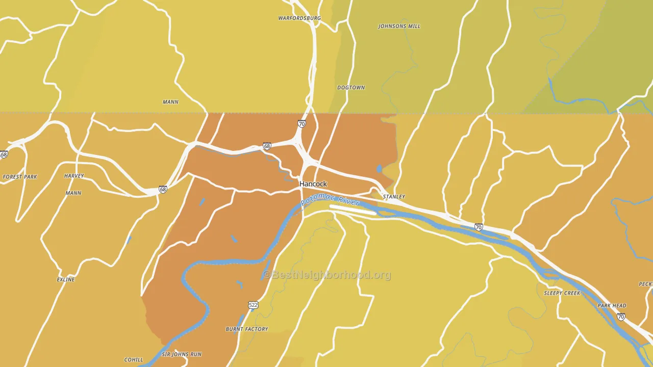Map of the best neighborhoods in the 21750 area, with better matches in green and worse matches in red