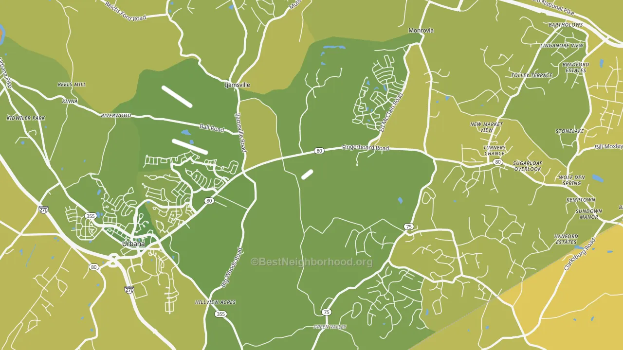 Map of the best neighborhoods in the 21754 area, with better matches in green and worse matches in red