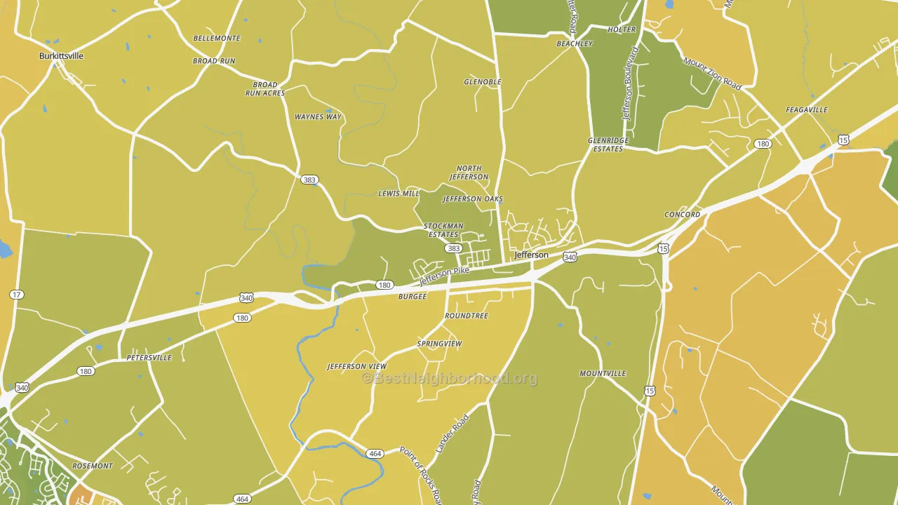 Map of the best neighborhoods in the 21755 area, with better matches in green and worse matches in red