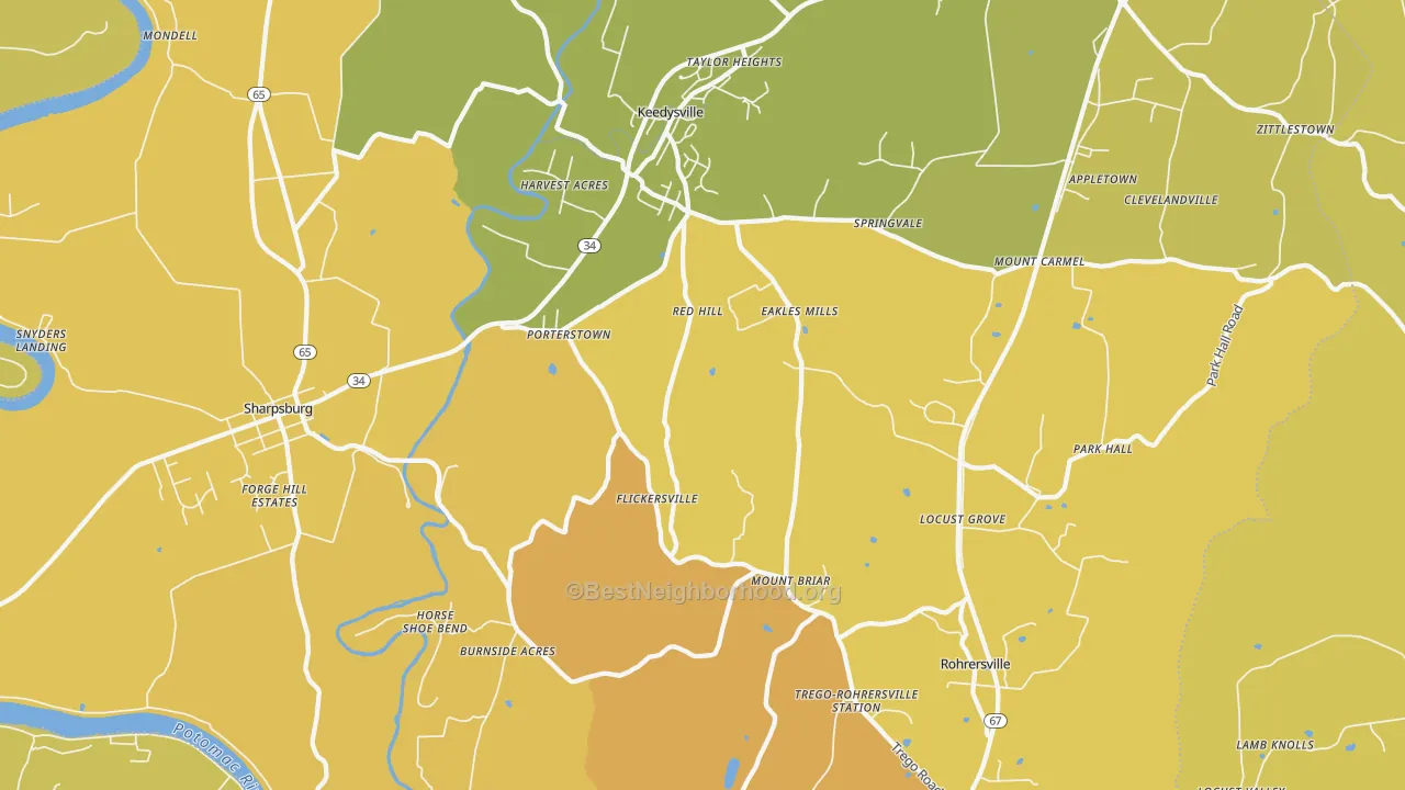 Map of the best neighborhoods in the 21756 area, with better matches in green and worse matches in red