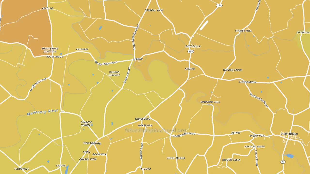 Map of the best neighborhoods in the 21757 area, with better matches in green and worse matches in red