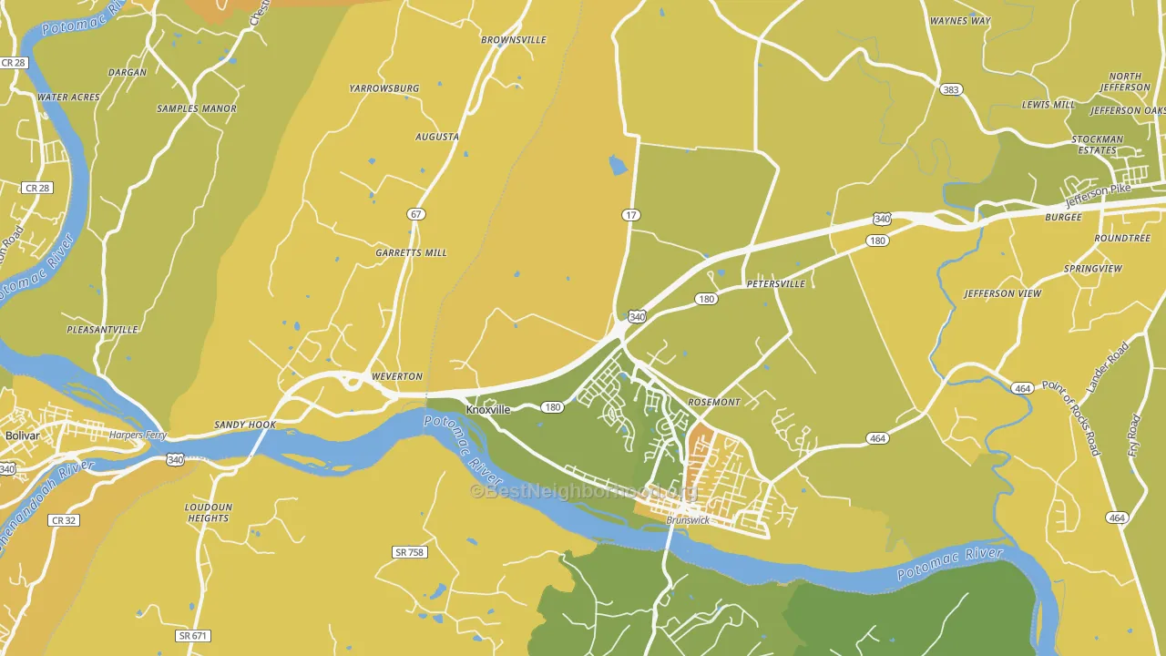 Map of the best neighborhoods in the 21758 area, with better matches in green and worse matches in red
