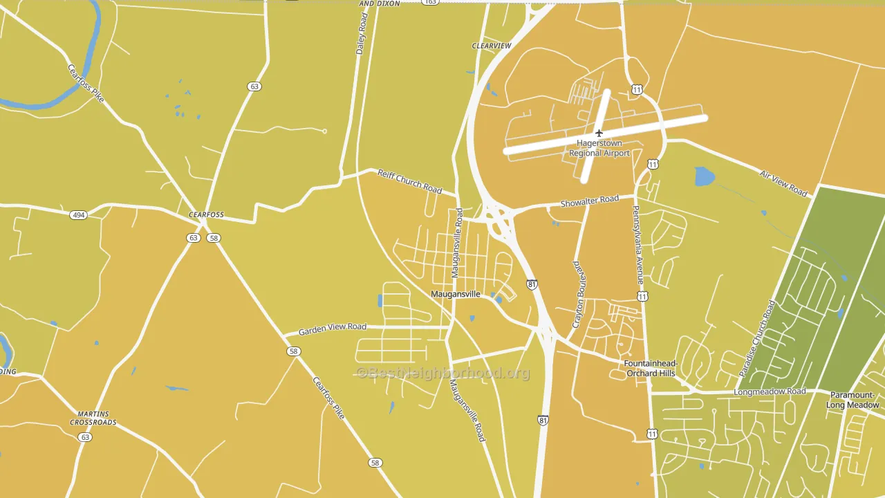 Map of the best neighborhoods in the 21767 area, with better matches in green and worse matches in red