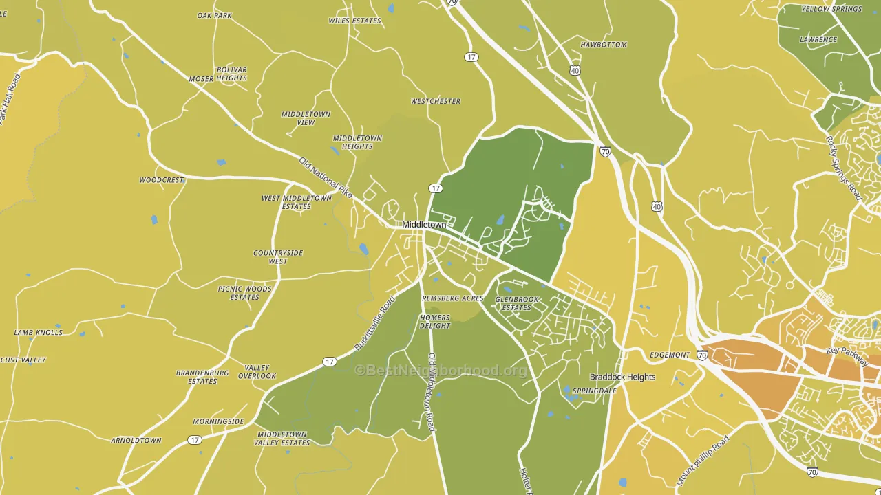 Map of the best neighborhoods in the 21769 area, with better matches in green and worse matches in red