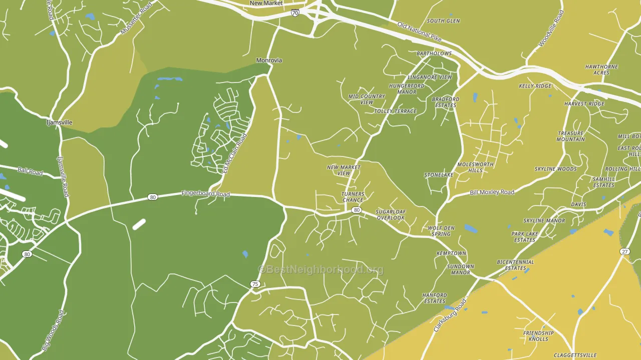Map of the best neighborhoods in the 21770 area, with better matches in green and worse matches in red