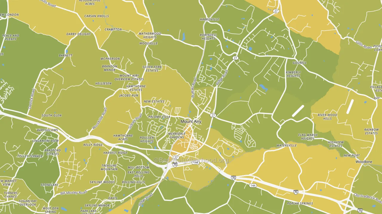 Map of the best neighborhoods in the 21771 area, with better matches in green and worse matches in red