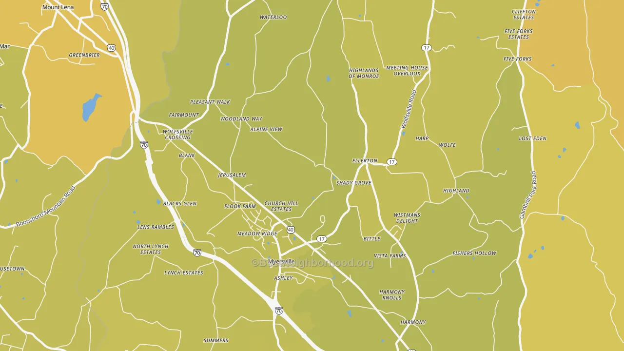 Map of the best neighborhoods in the 21773 area, with better matches in green and worse matches in red