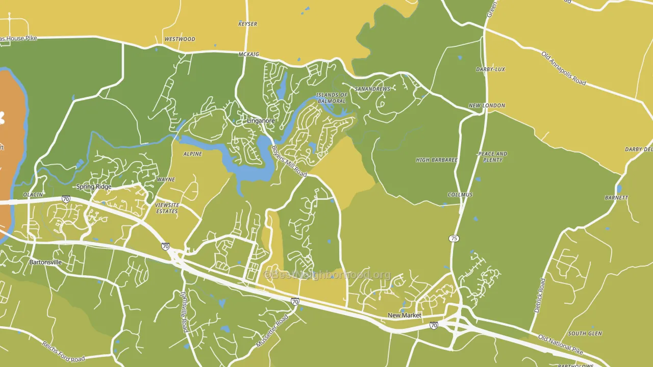 Map of the best neighborhoods in the 21774 area, with better matches in green and worse matches in red