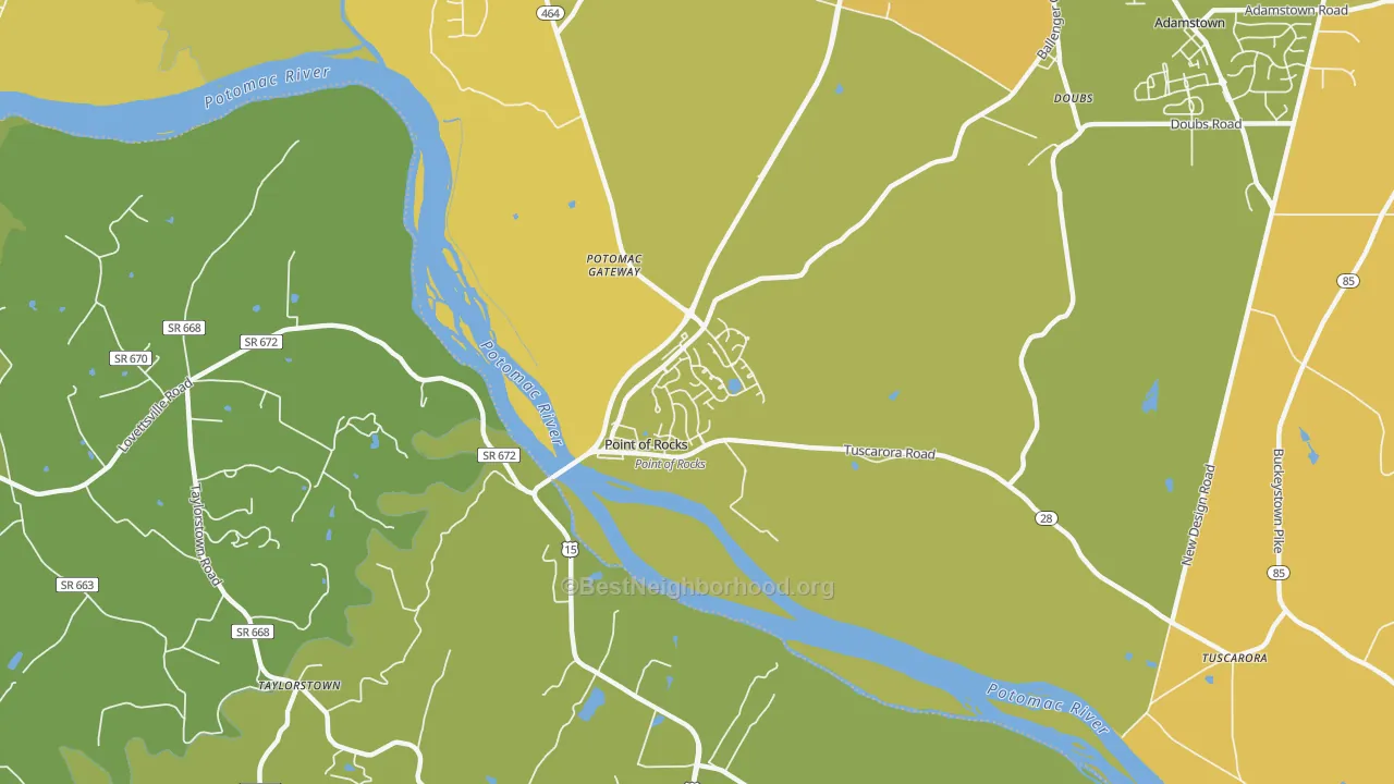 Map of the best neighborhoods in the 21777 area, with better matches in green and worse matches in red