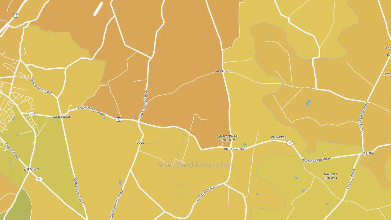 Map of the best neighborhoods in the 21778 area, with better matches in green and worse matches in red