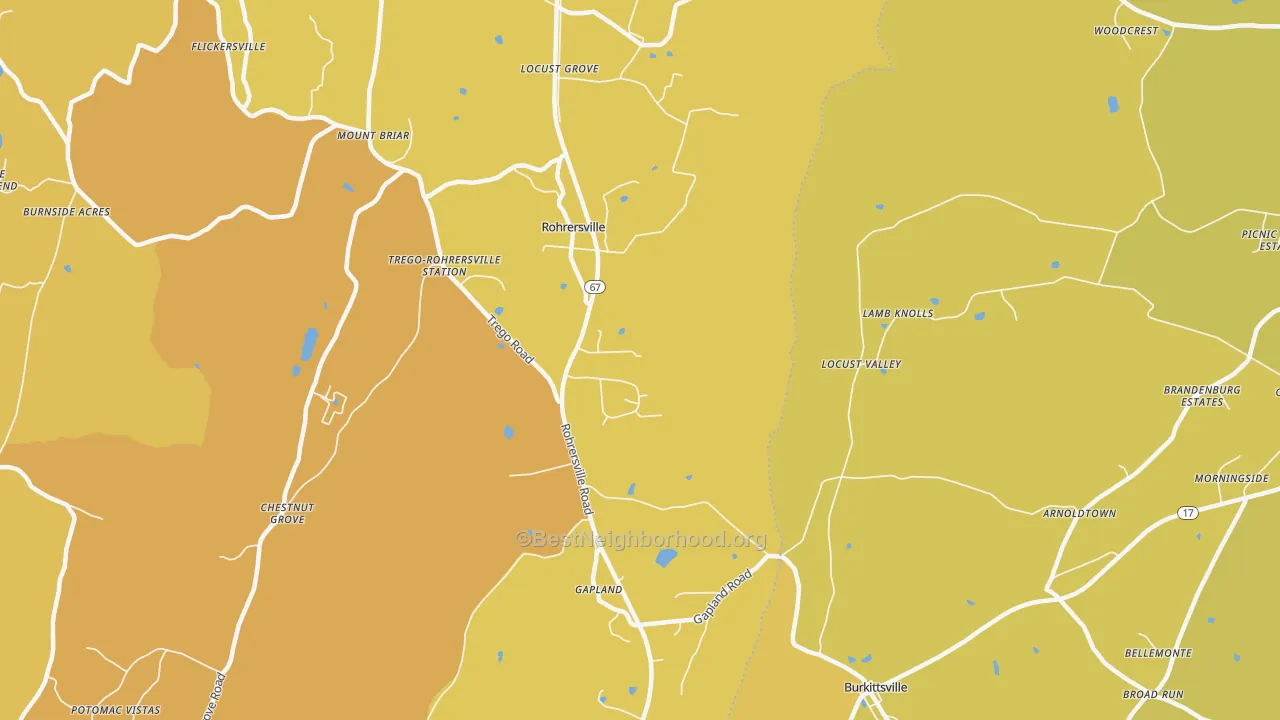 Map of the best neighborhoods in the 21779 area, with better matches in green and worse matches in red