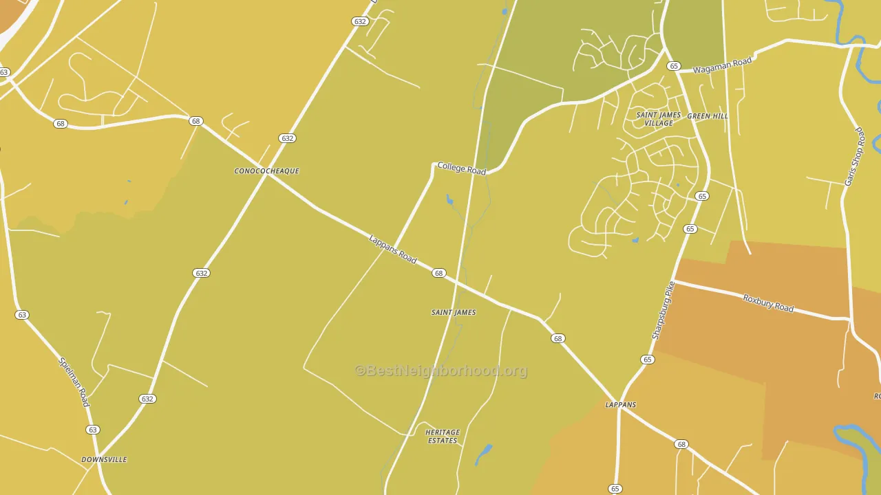 Map of the best neighborhoods in the 21781 area, with better matches in green and worse matches in red