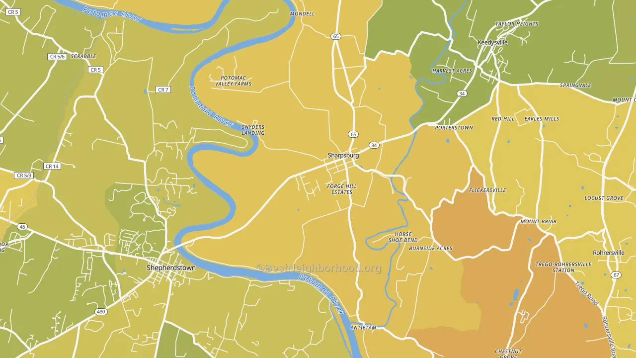 Map of the best neighborhoods in the 21782 area, with better matches in green and worse matches in red