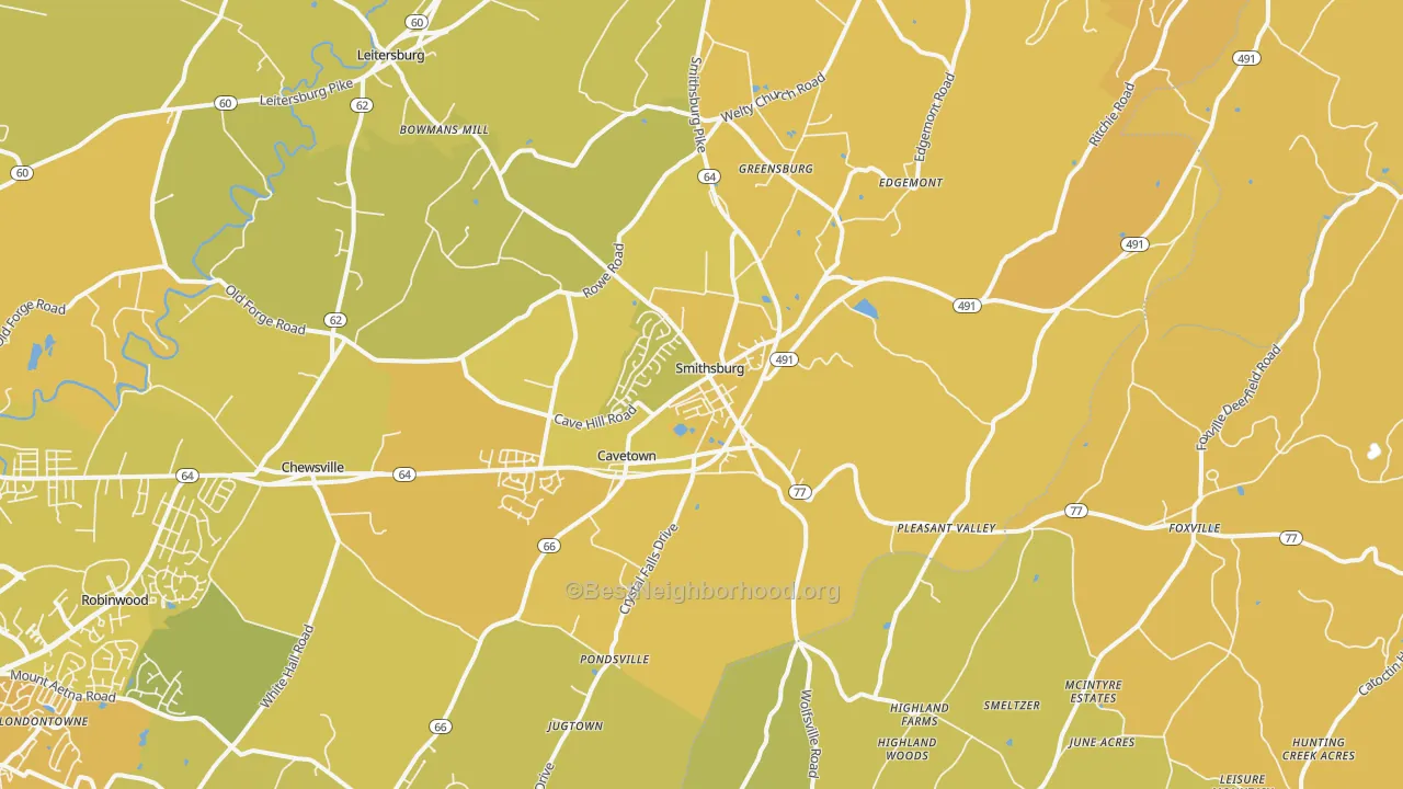 Map of the best neighborhoods in the 21783 area, with better matches in green and worse matches in red