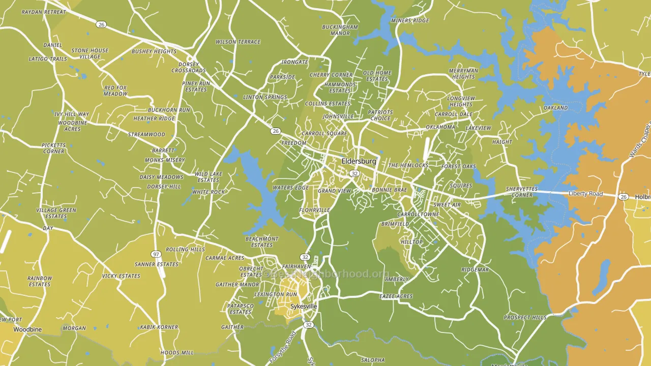 Map of the best neighborhoods in the 21784 area, with better matches in green and worse matches in red