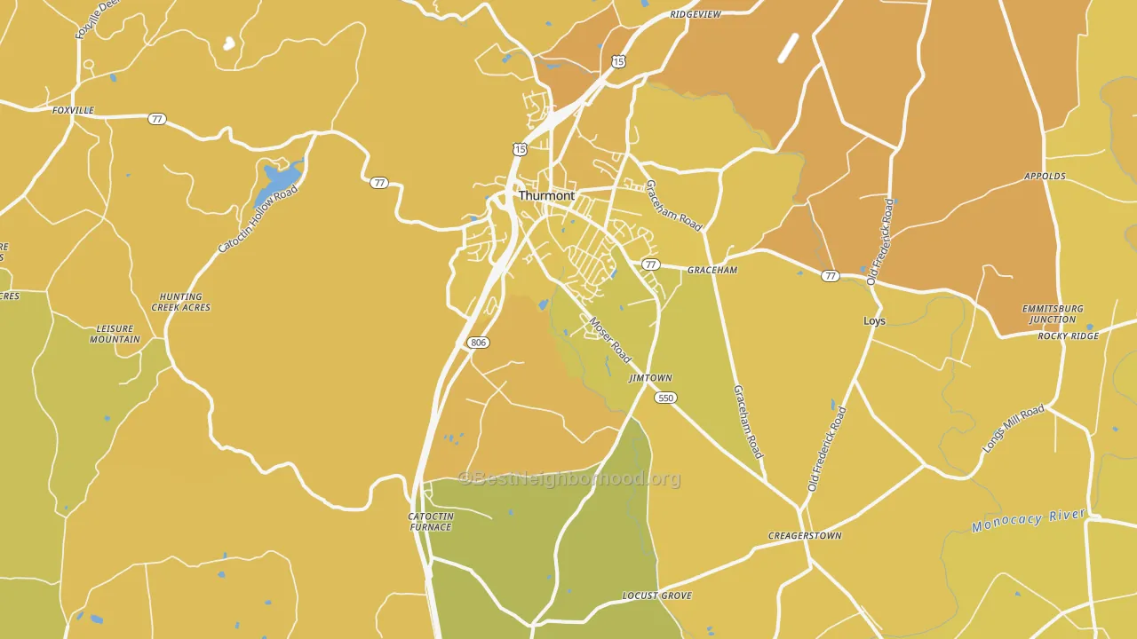 Map of the best neighborhoods in the 21788 area, with better matches in green and worse matches in red