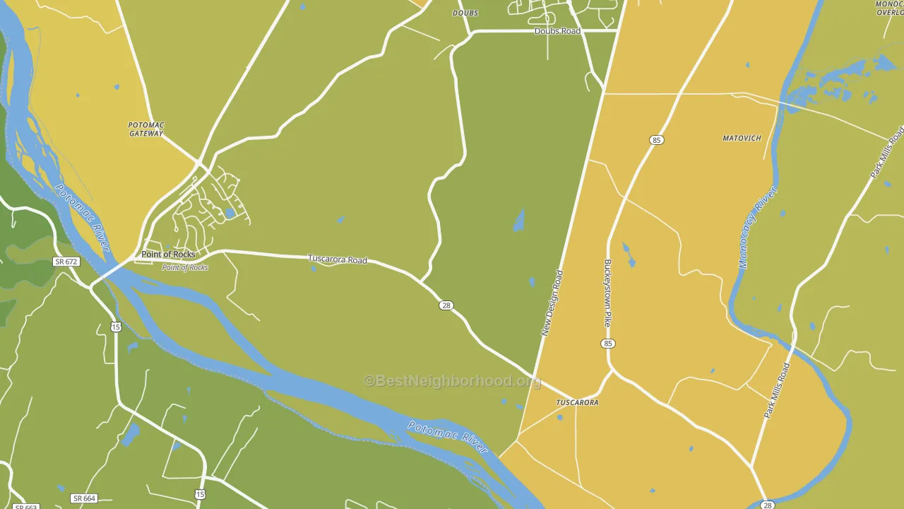 Map of the best neighborhoods in the 21790 area, with better matches in green and worse matches in red